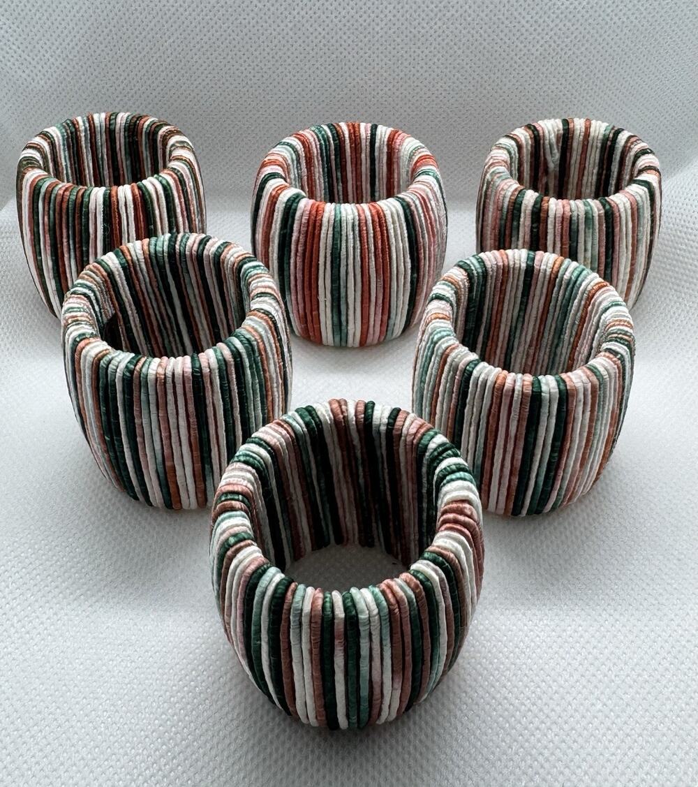 Vintage Park B Smith Set 6 Napkin Rings Hand Dyed Furio Yarn Pink Green White